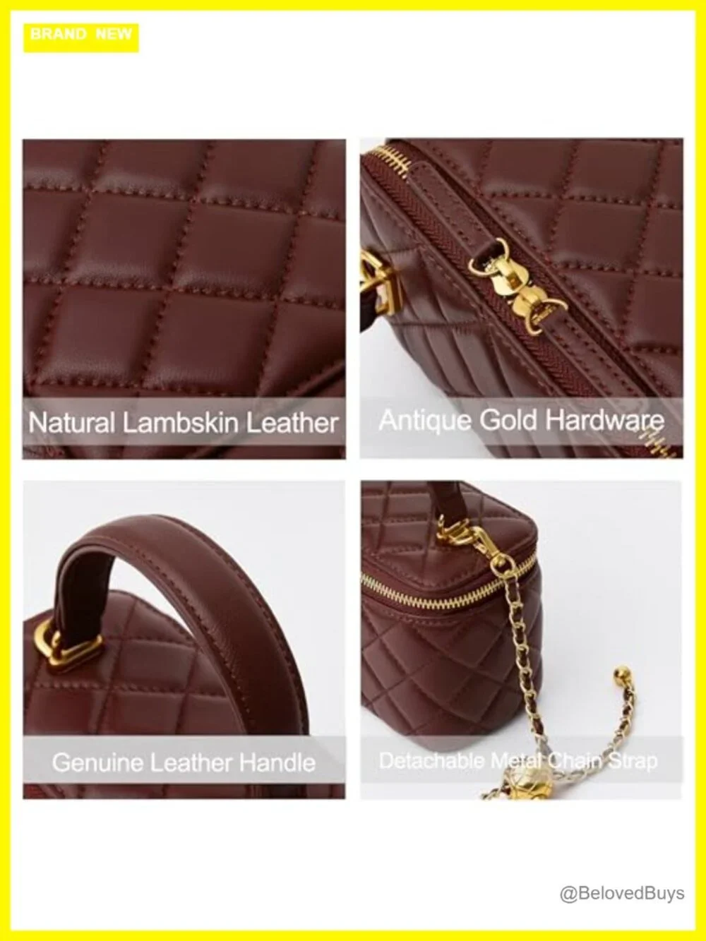 Small Quilted Box Crossbody Purse in Lambskin Leather with Chain Strap